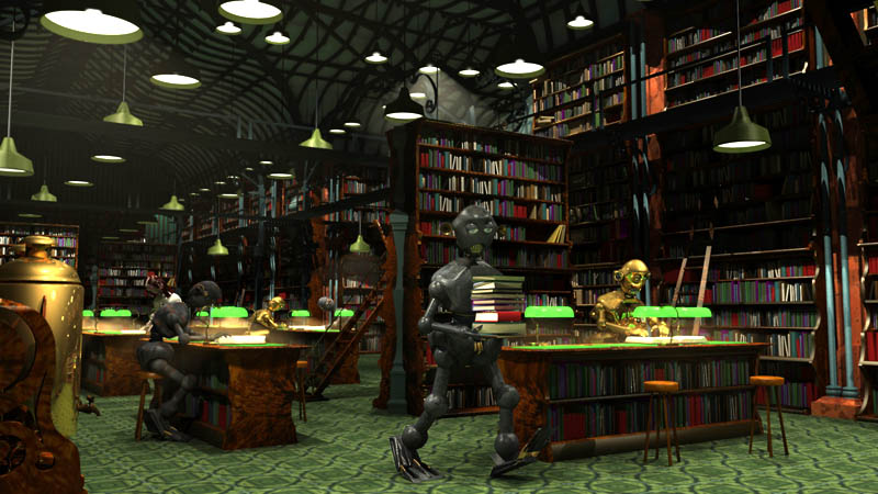 Les robots travaillent à une bibliothèque philantropique